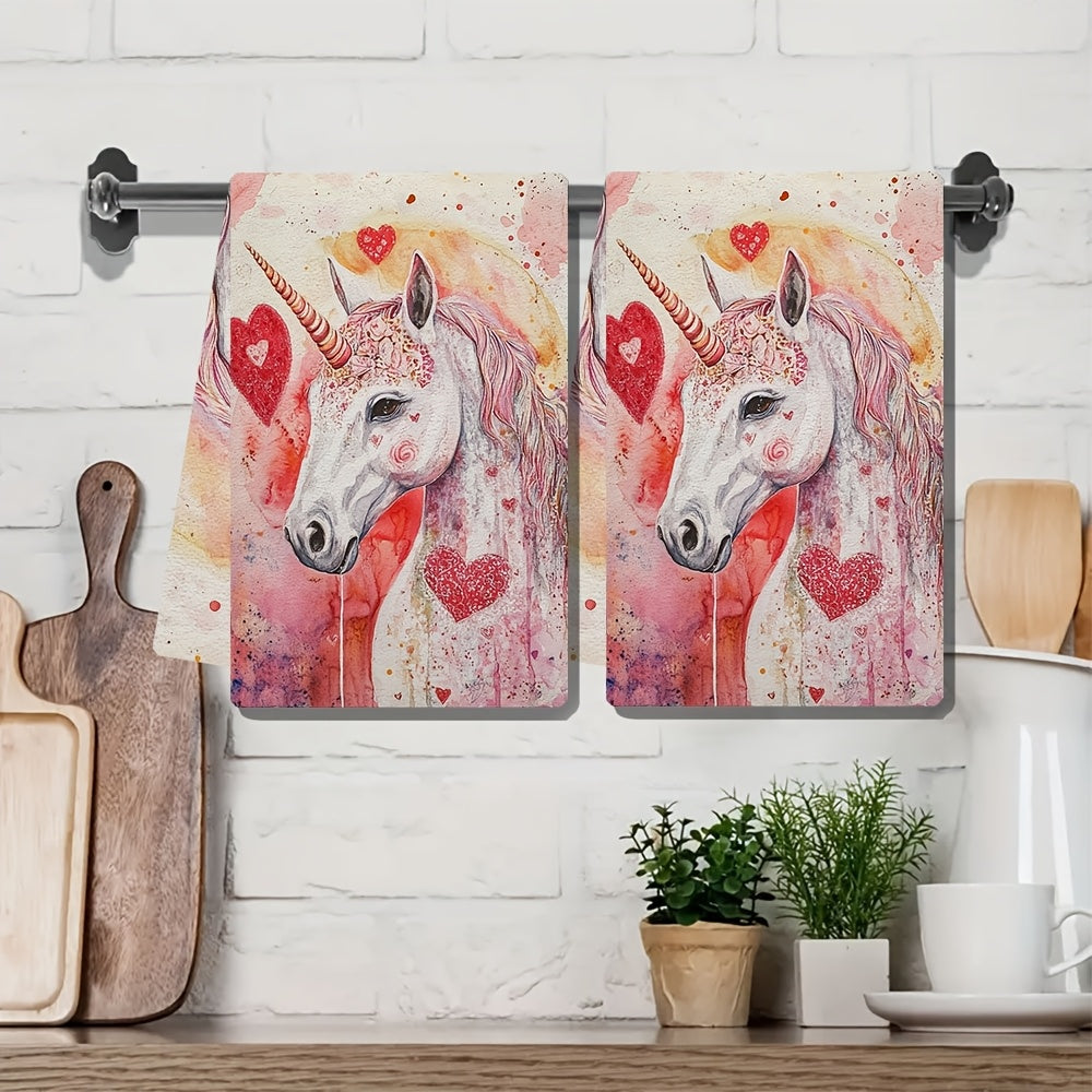 Set of 2 Unicorn Kitchen Towels Love Theme Ultra Absorbent 40x60 cm