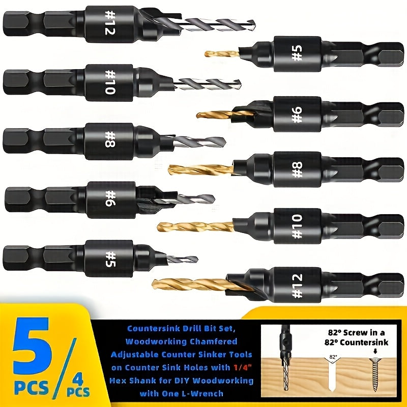 4/5Pcs Woodworking Countersink Drill Bit Set with 1/4" Hex Shank
