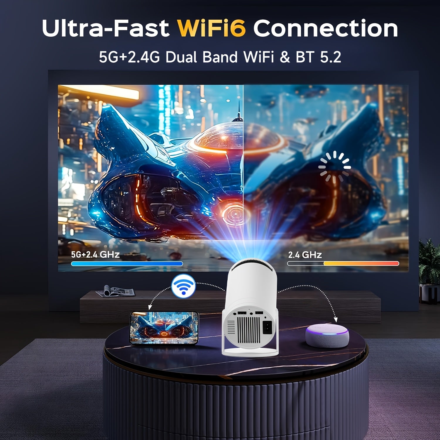 Portable WiFi6 Wireless Projector 1080P Support 3.3m Zoom 180° Rotation