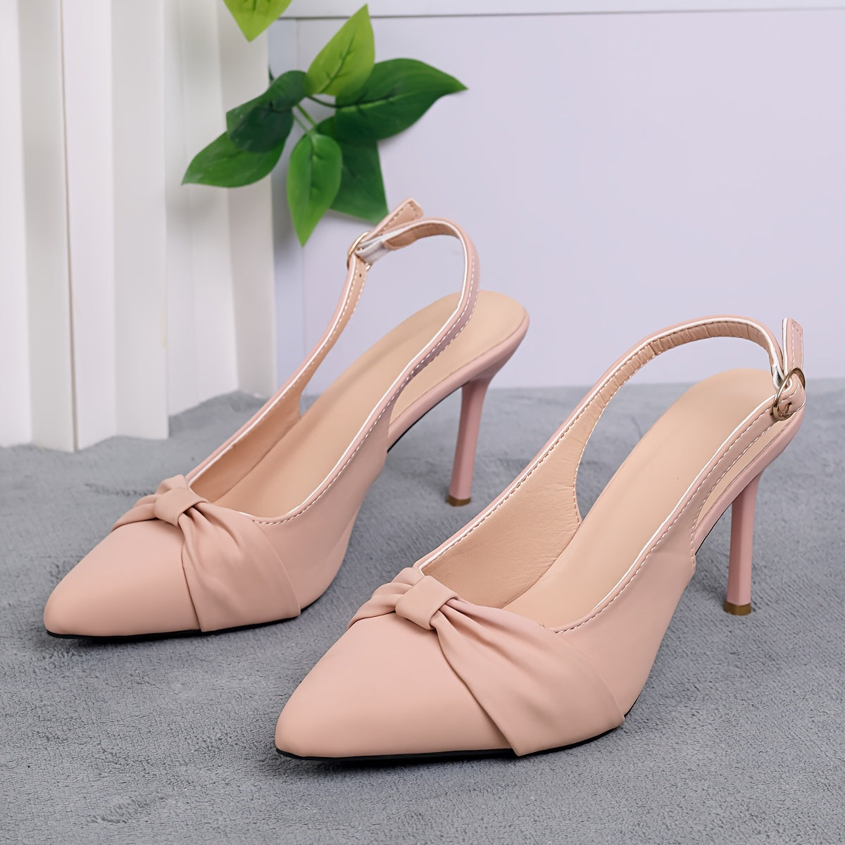 Women’s Faux Leather Slingback Sandals With Pointed Toe and Bow Detail