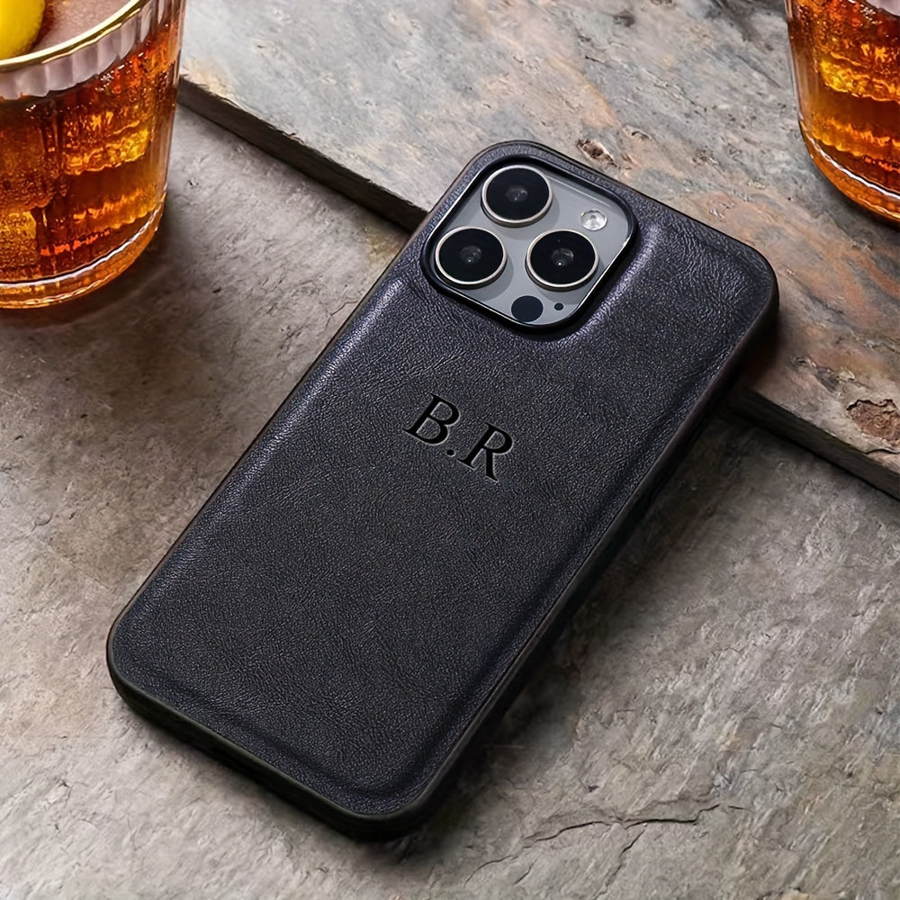 Personalized iPhone Case with 3D Engraved Initials Faux Leather Cover for Models 11-16 Pro Max Plus