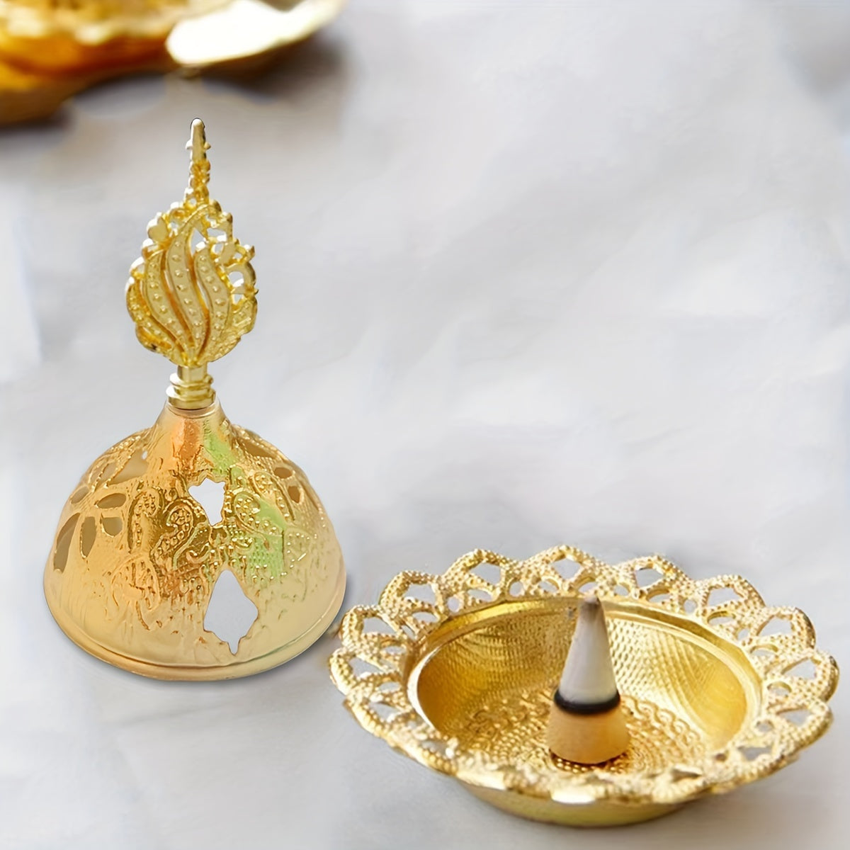 Golden Iron Incense Holder with Middle Eastern Design for Home Decor and Celebrations