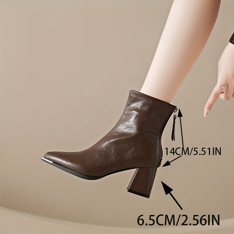 Women's Faux Mid-Calf Boots, Pointed Toe, Chunky Heel, Zipper