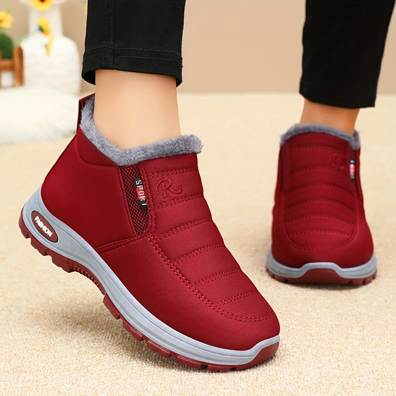 Women's Fleece-Lined Short Winter Boots Black Red Comfortable Outdoor Shoes