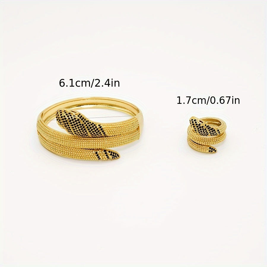 Zarif 2-qismli ilon mavzusidagi zargarlik to'plami, ajoyib zirconia Pave bilaguzuk va misdan yasalgan uzuk bilan. Ushbu nafis to'plam 14-fevral, ziyofatlar va maxsus bayram tadbirlari uchun sovg'a berish uchun mukammaldir.