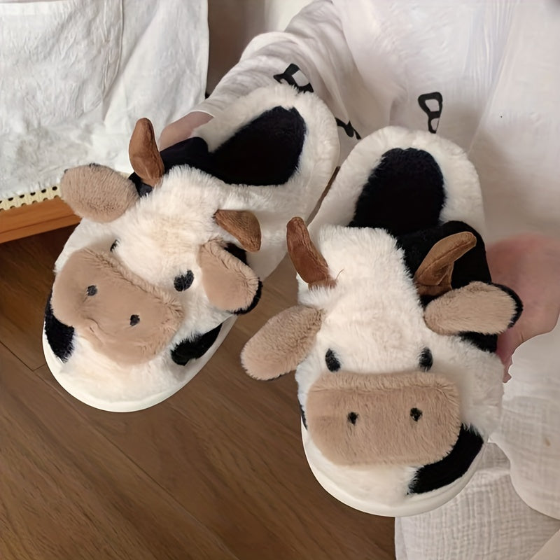 Women's Plush Cow House Slippers Closed Toe Fuzzy Indoor Shoes