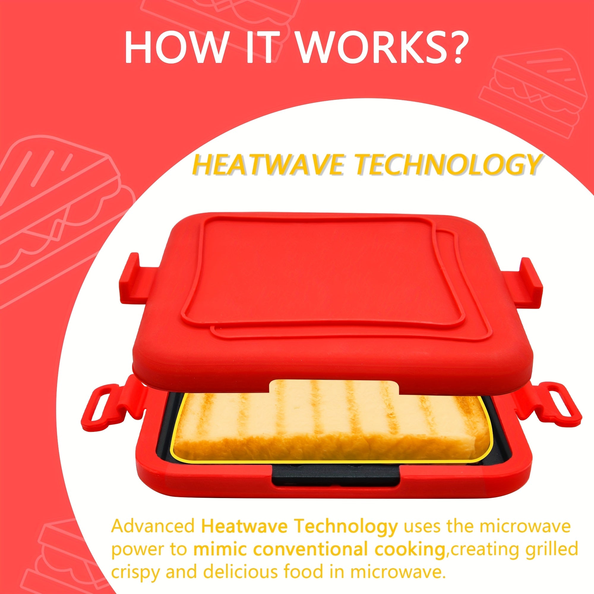 Mikroto'lqinli pechda sendvich tayyorlash panasi - Tez, qizarib pishgan tost uchun pishirish plastinkasi, yopishmaydigan temir, BBQ, kolbasa, tovuq qanotlari, bifshtekslar, qizil rangda, qulay tutqichli.