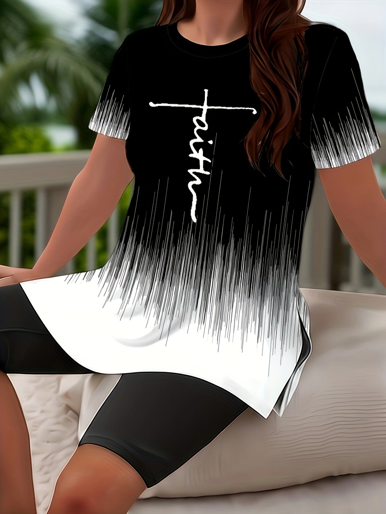 Women Two-Piece Summer Outfit Short-Sleeve Top Shorts Digital Print Plus Size