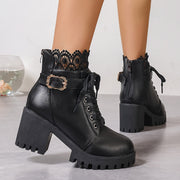 Women's Plus Size Short Boots Leather Winter Chunky Heel Zipper