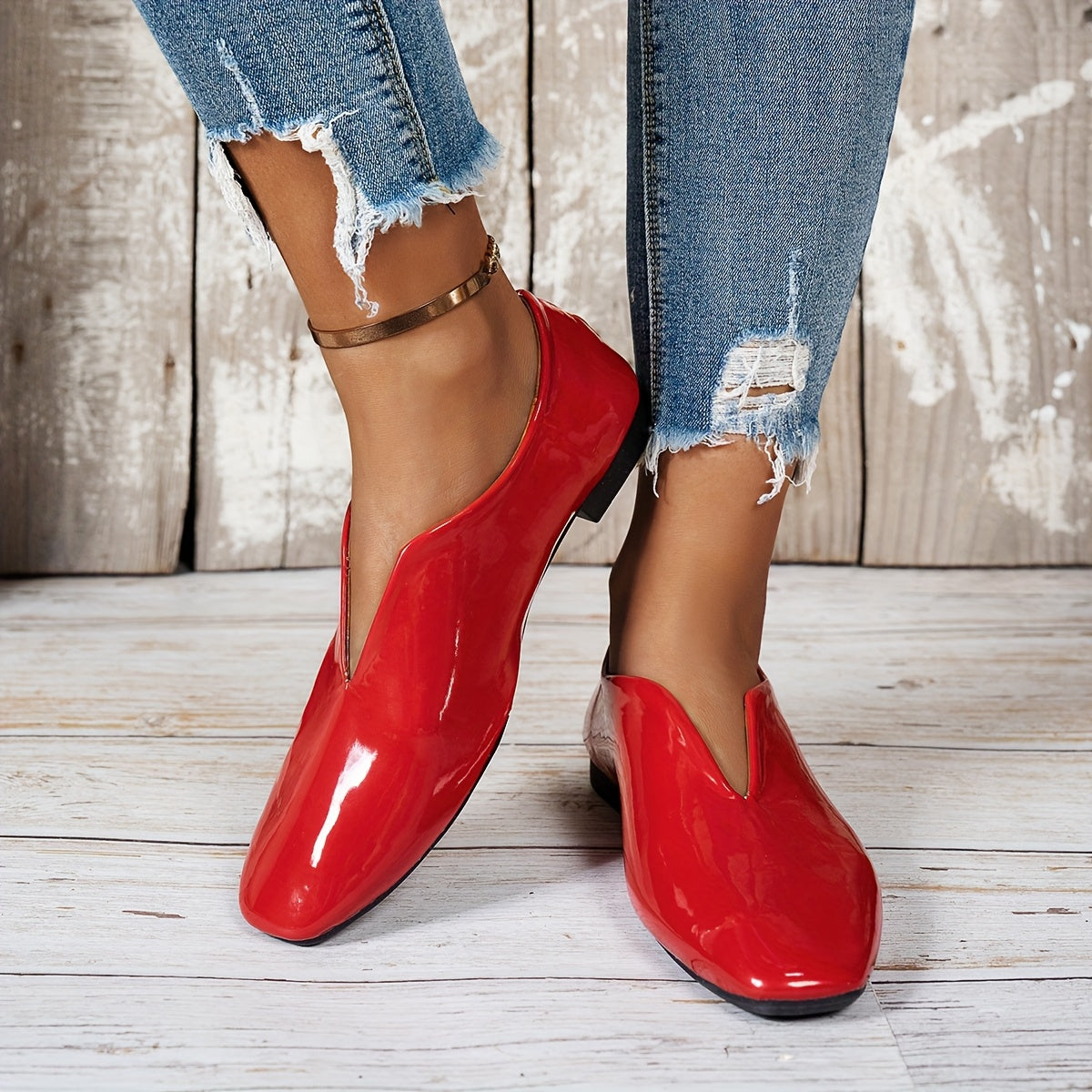 Women’s Red Mary Jane Flats Casual Slip-On Square Toe Shoes
