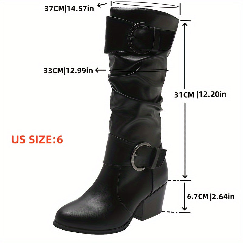 Women's Solid Color Casual Buckle Heel Round Toe Boots