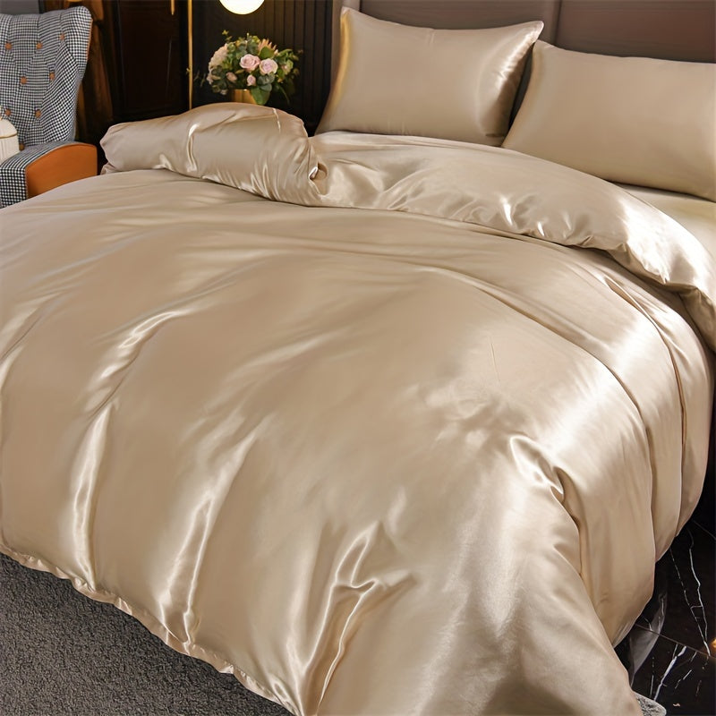 Satin Duvet Cover Set 3 Pieces Solid Color Pillowcases Bedroom Guest Room