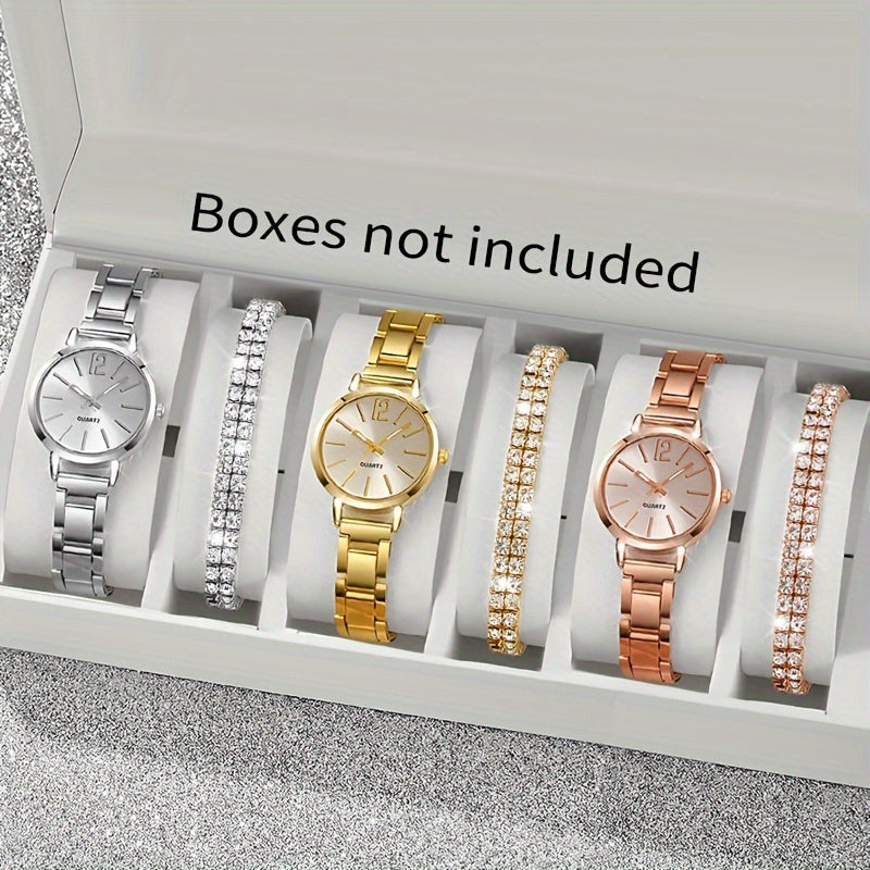 6pcs Stainless Steel Quartz Watch Set with Rhinestone Bracelets for Women