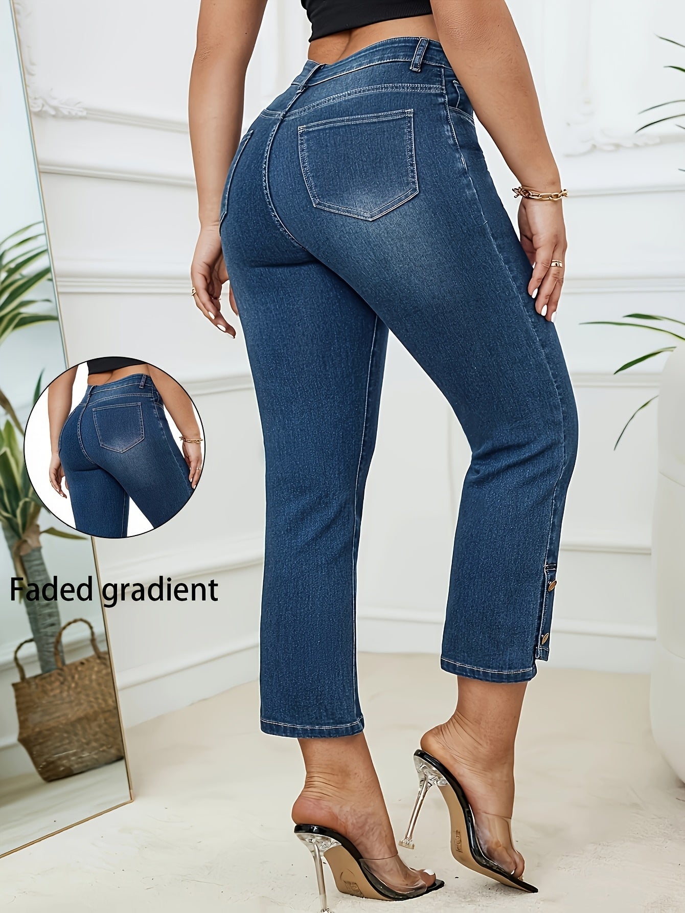 Plus Size Womens Cropped Washed Blue Denim Jeans Zipper Button Closure