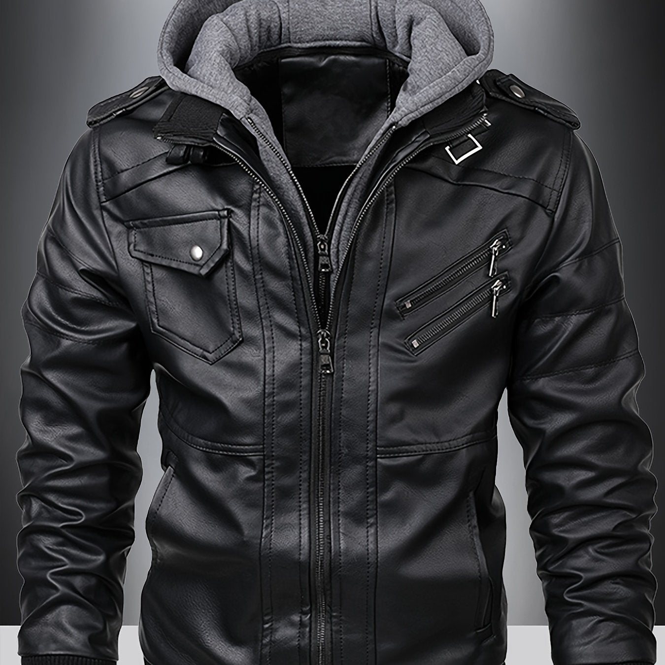 Men's Brown Hooded PU Leather Jacket with Multiple Pockets Fall Winter Casual