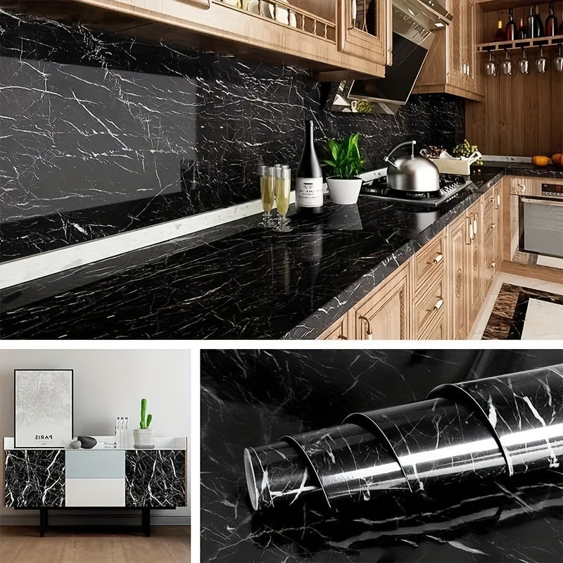 Black Marble Self-Adhesive Wallpaper Water-Resistant Peel & Stick for Kitchen Furniture