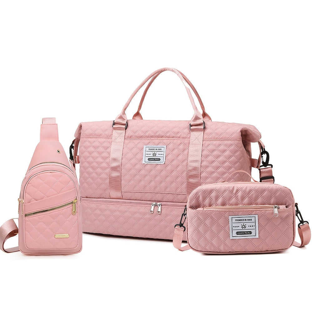 Polyester Travel Bag Set with Shoe Compartment for Men and Women Black Beige Pink Royal Blue