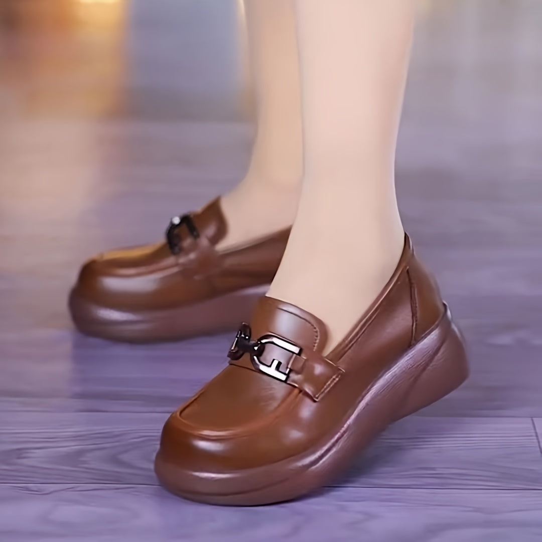 Women's Brown PU Loafers with Metallic Buckle Slip-Resistant Cushioned Sole