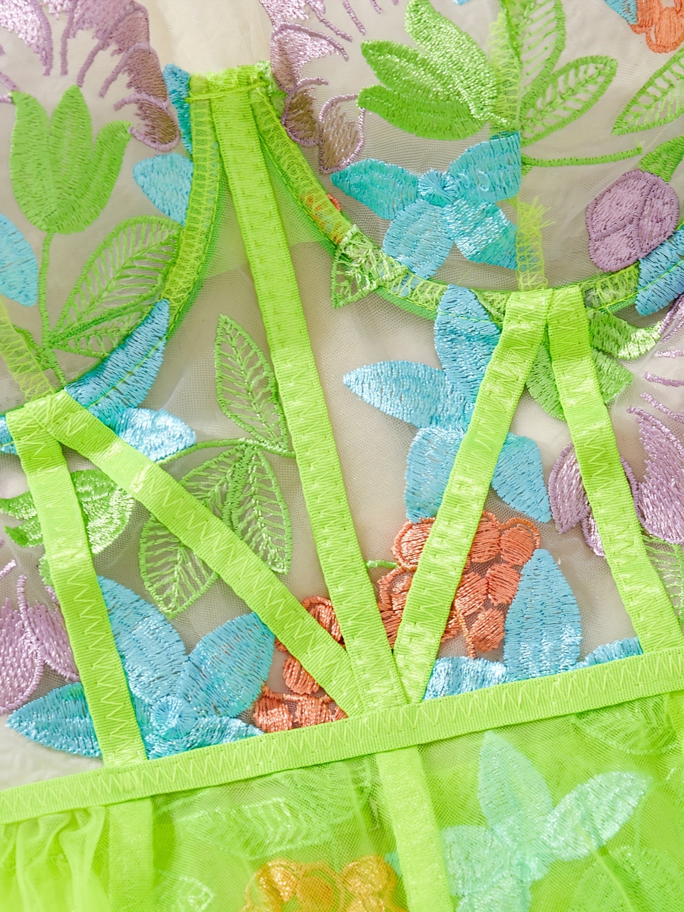 Women's Floral Embroidery Lingerie Set with Garter Belts and Thong
