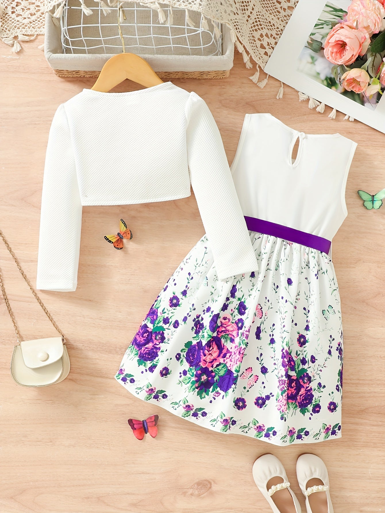 Girls Butterfly Casual Two-Piece Dress Set with Midi Length and Belt