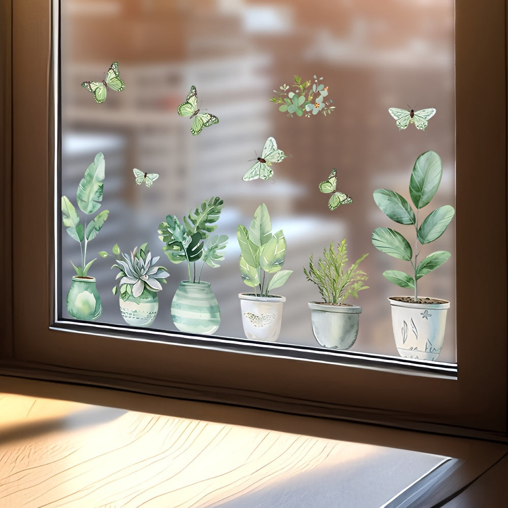 Fresh Green Potted Plant Decal for Glass Doors Windows Home Decor