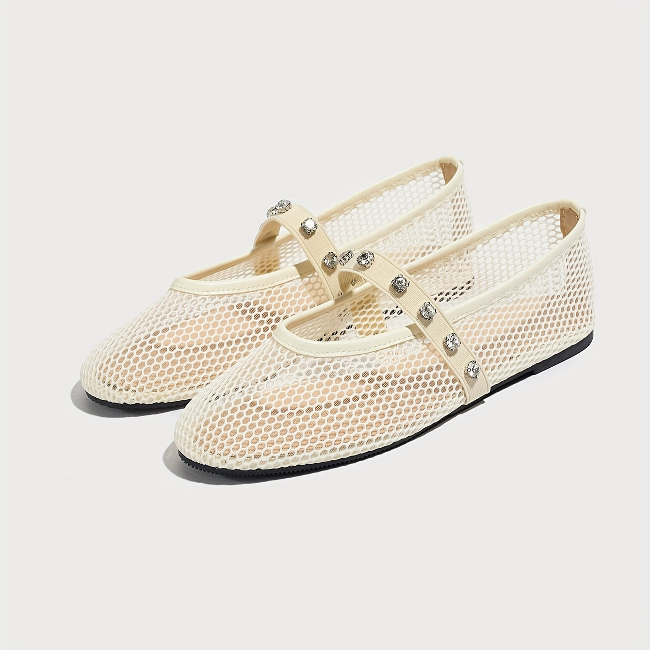 Women's Mesh Ballet Flats with Rhinestone Strap and Round Toe