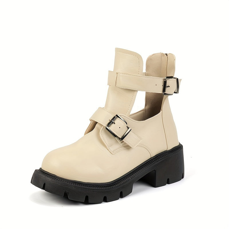 Women's Casual Short Boots Thick Heel Anti-Slip Buckle Zipper British Style