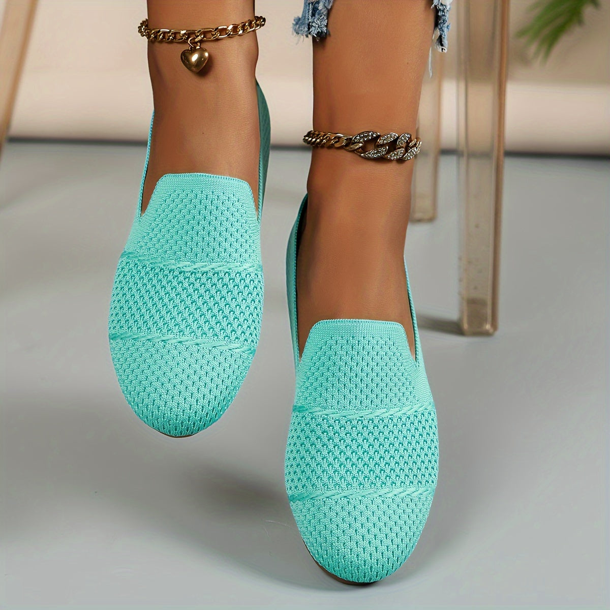 Pink Women's Breathable Knit Flat Shoes Slip-On with Round Toe