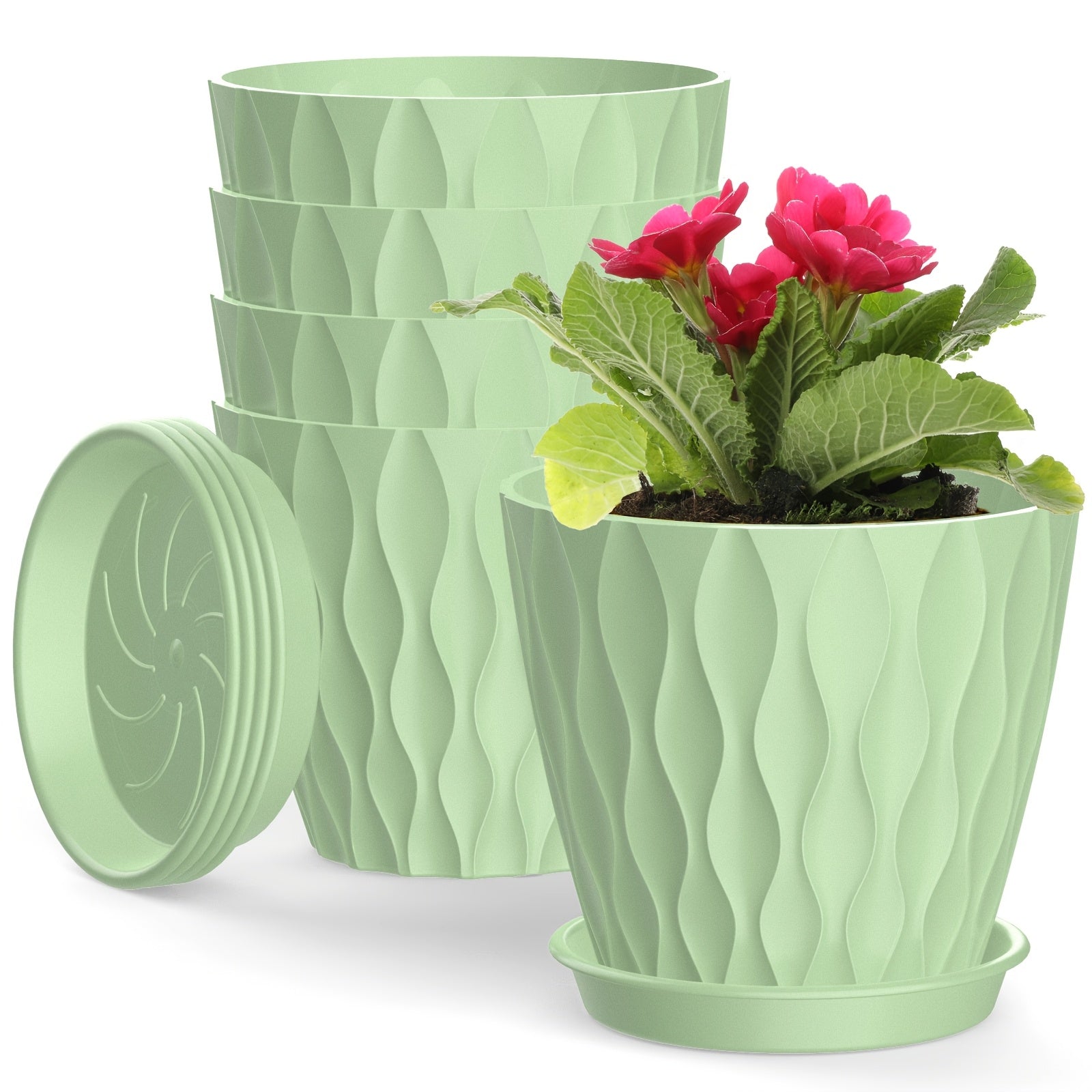 Set of 5 Boho Striped Plastic Flower Pots with Saucers 6-Inch Round Indoor Outdoor
