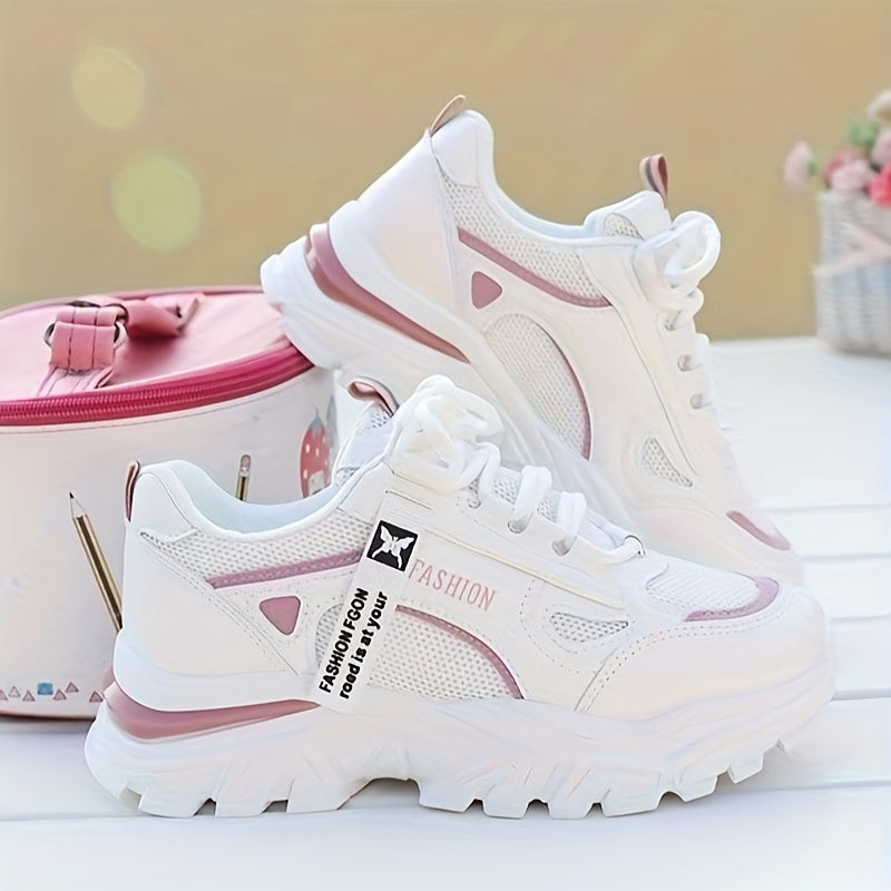 Women's White Mesh Low Top Sneakers with Lace-Up Closure and PVC Sole