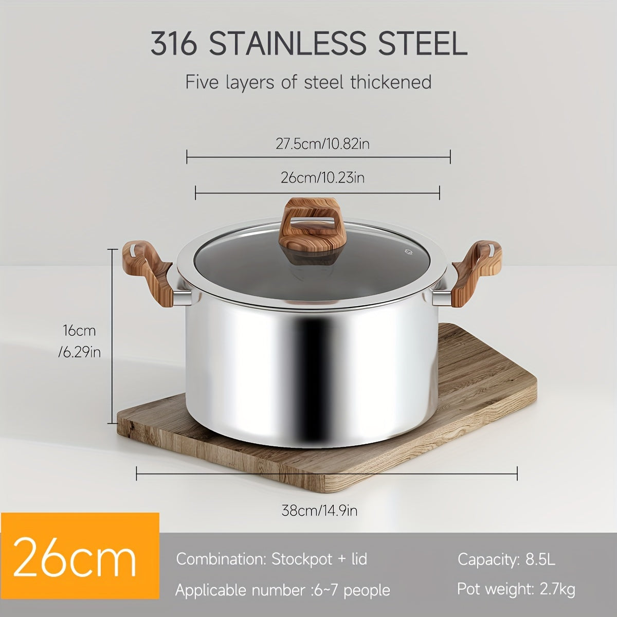 Нержавеющая стальная кастрюля для супа, 26 см, толстая пищевая нержавеющая сталь 316L, антипригарная, совместимая с индукционными плитами, прочная кухонная посуда для тушения, кипячения и приготовления на пару, объем 8,5 л