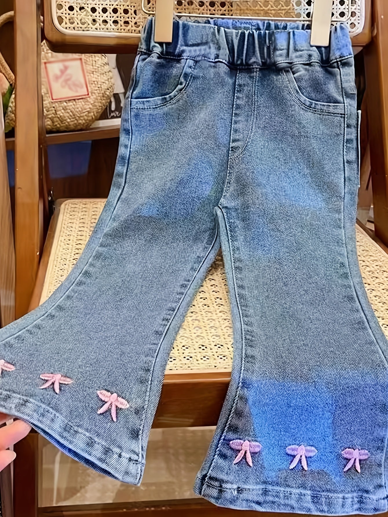 Baby Girls Denim Jeans with Bow-Knot, Cotton Blend, Soft Knit Fabric, Spring Fall