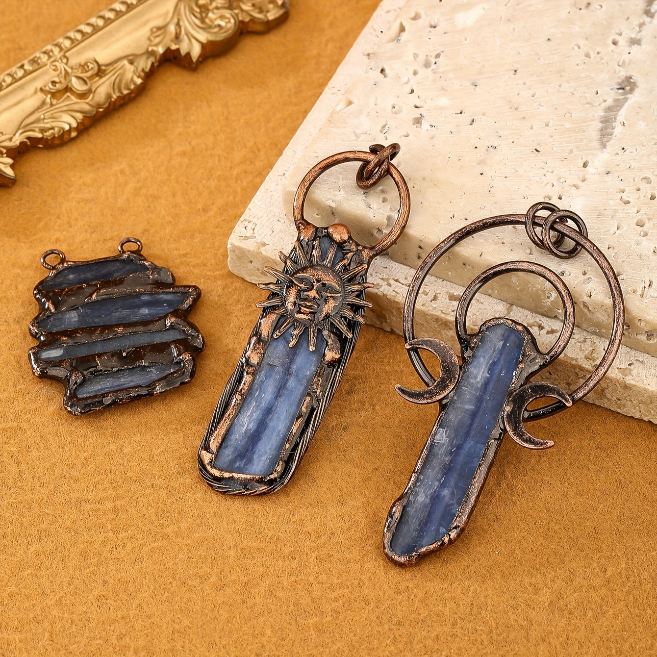 Unisex Handmade Kyanite Crystal Pendant in Vintage Boho Style with Copper and Rustic Plating
