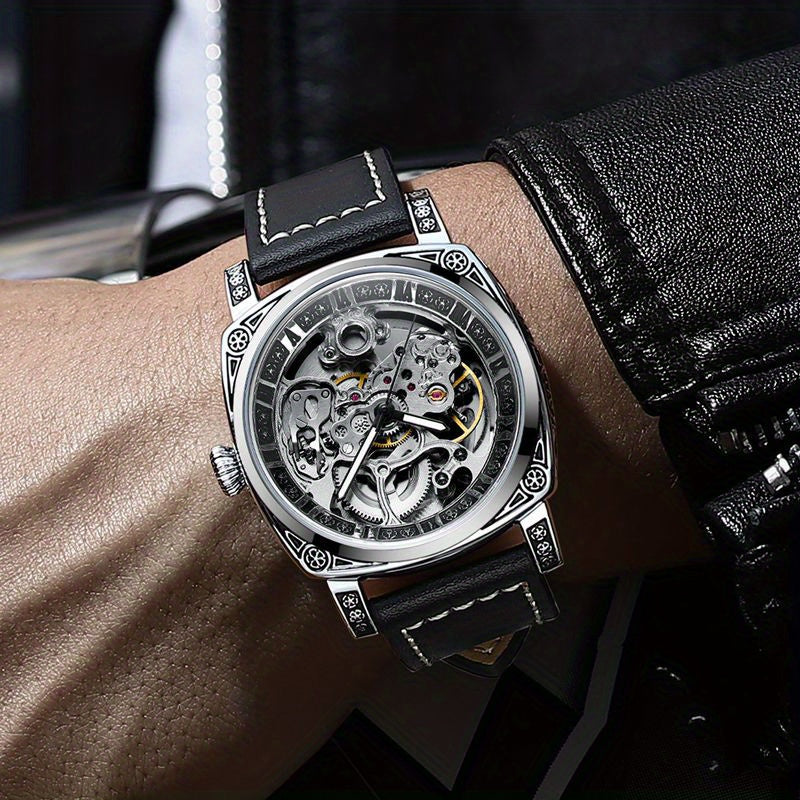 Men's Silver Retro Hollow-Out Automatic Mechanical Watch Business Style