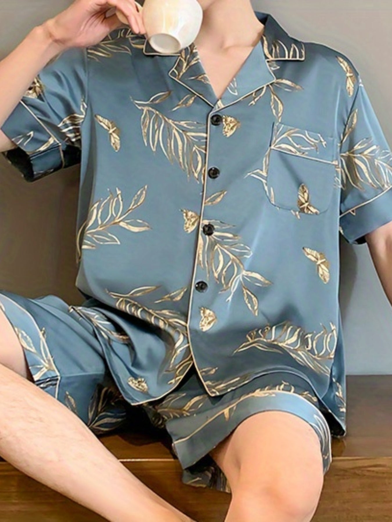 Men's Summer Floral Pajama Set Short Sleeve Lapel Collar Polyester Elastane Black