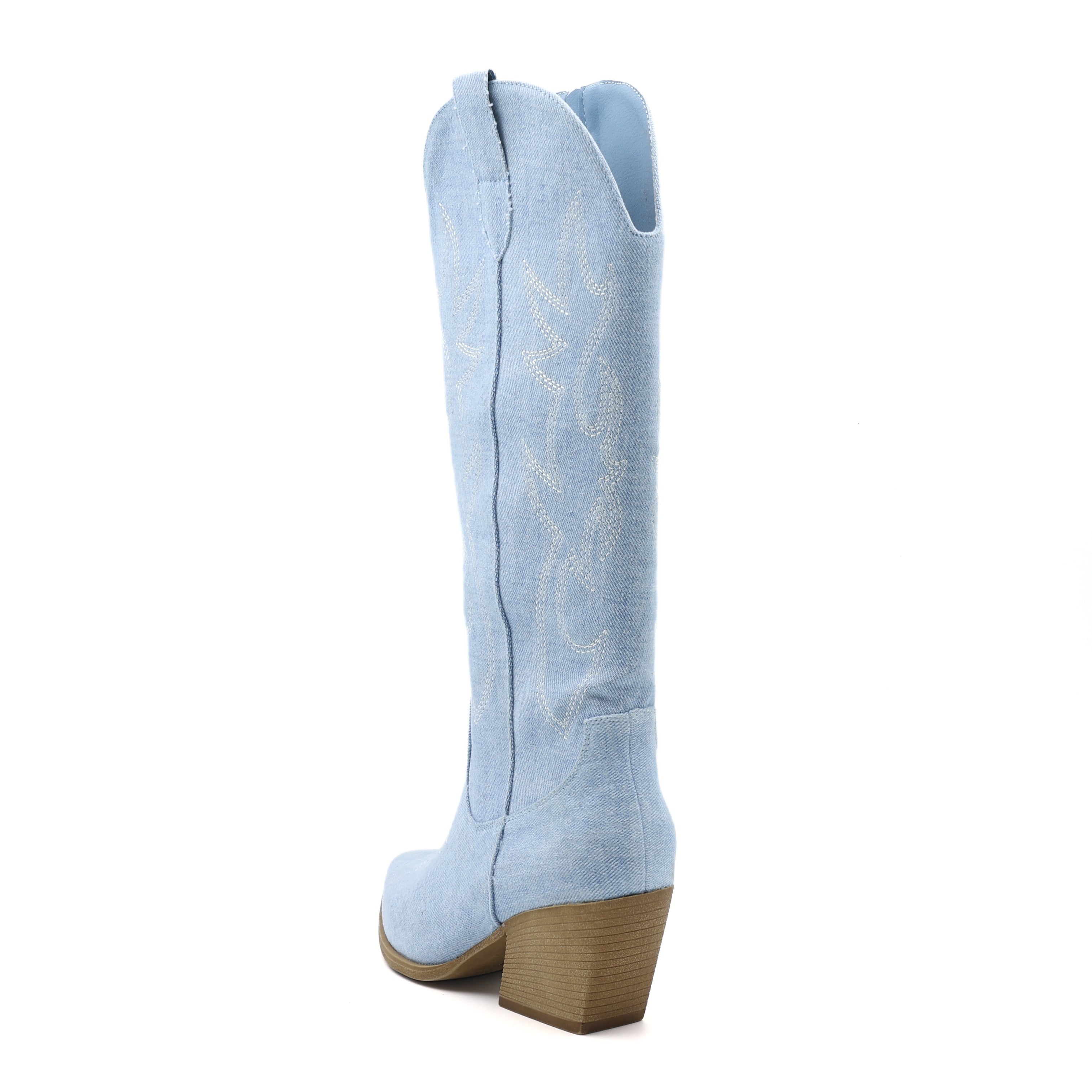 Женские вышитые джинсовые сапоги до колена с заостренным носком и средней каблуком