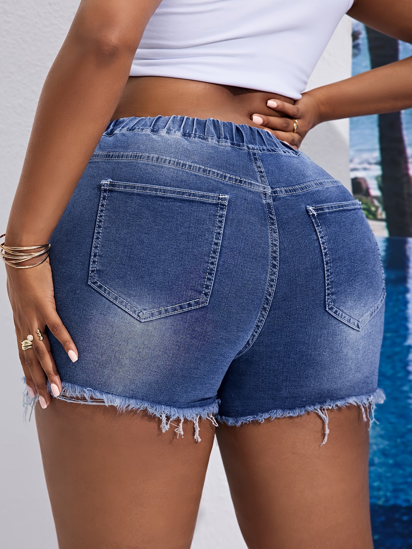 Women's Stretch Denim Shorts High Waist Ripped Casual Blue