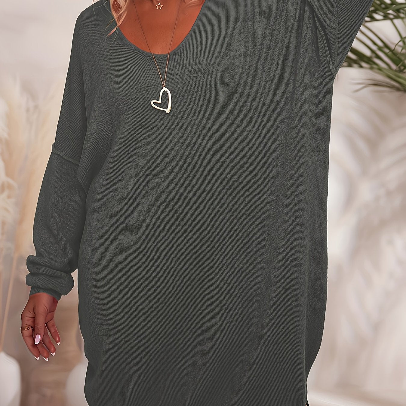 Plus Size Women’s Knitted V-Neck Dress Set Long Sleeve Solid Autumn Winter