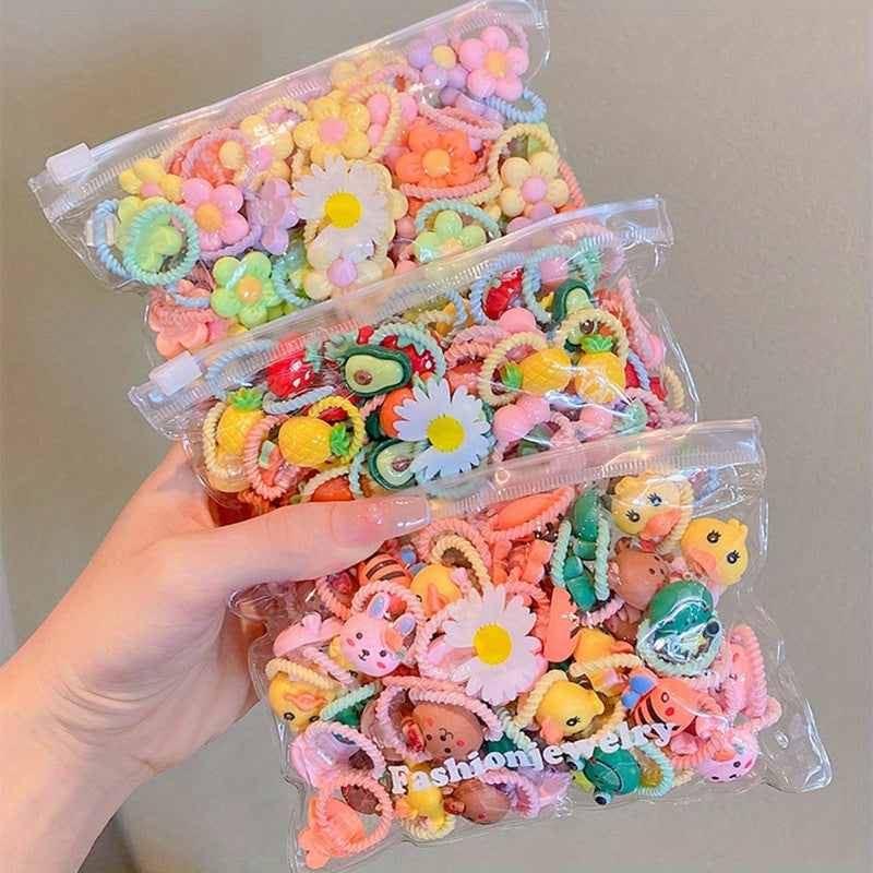 20-Pack Flower Hair Ties for Women Girls Plastic Hair Bands with Fruit and Animal Details