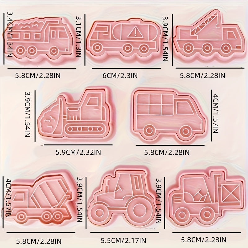 Set of 8 Construction Vehicles Cookie Cutters with Embosser and Baking Tools