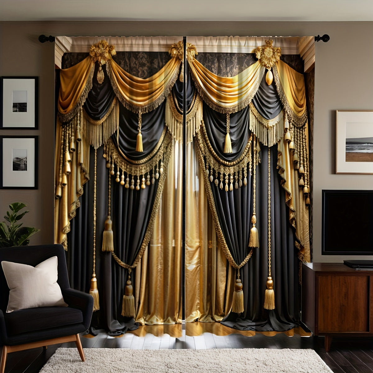 2pc Black and Gold Semi-Sheer Polyester Valance Curtains Rod Pocket for Living Room Bedroom