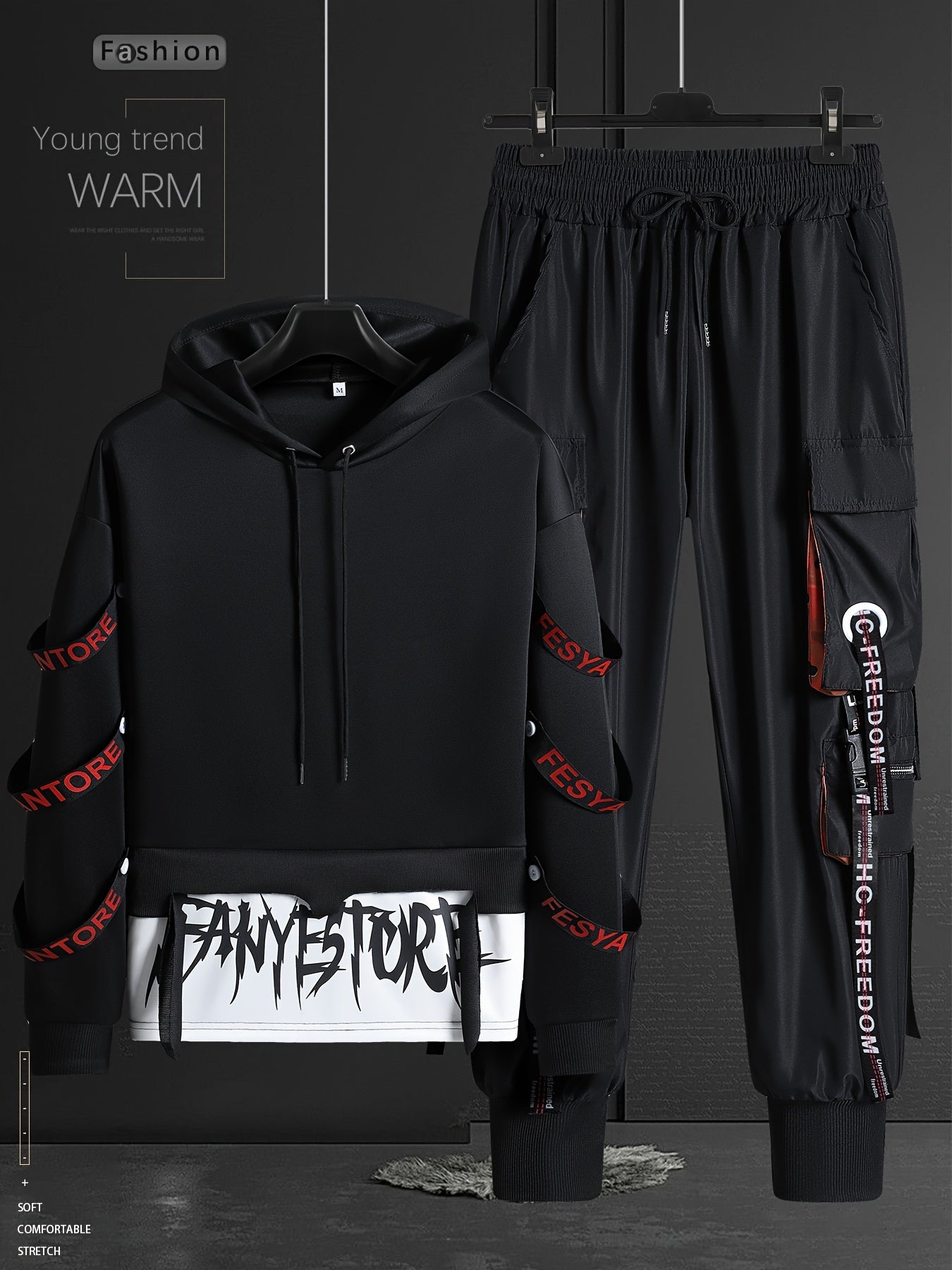 Men's Casual Sports Outfit with Hoodie Tapered Pants and Multi-Pocket Work Pants for Autumn Winter