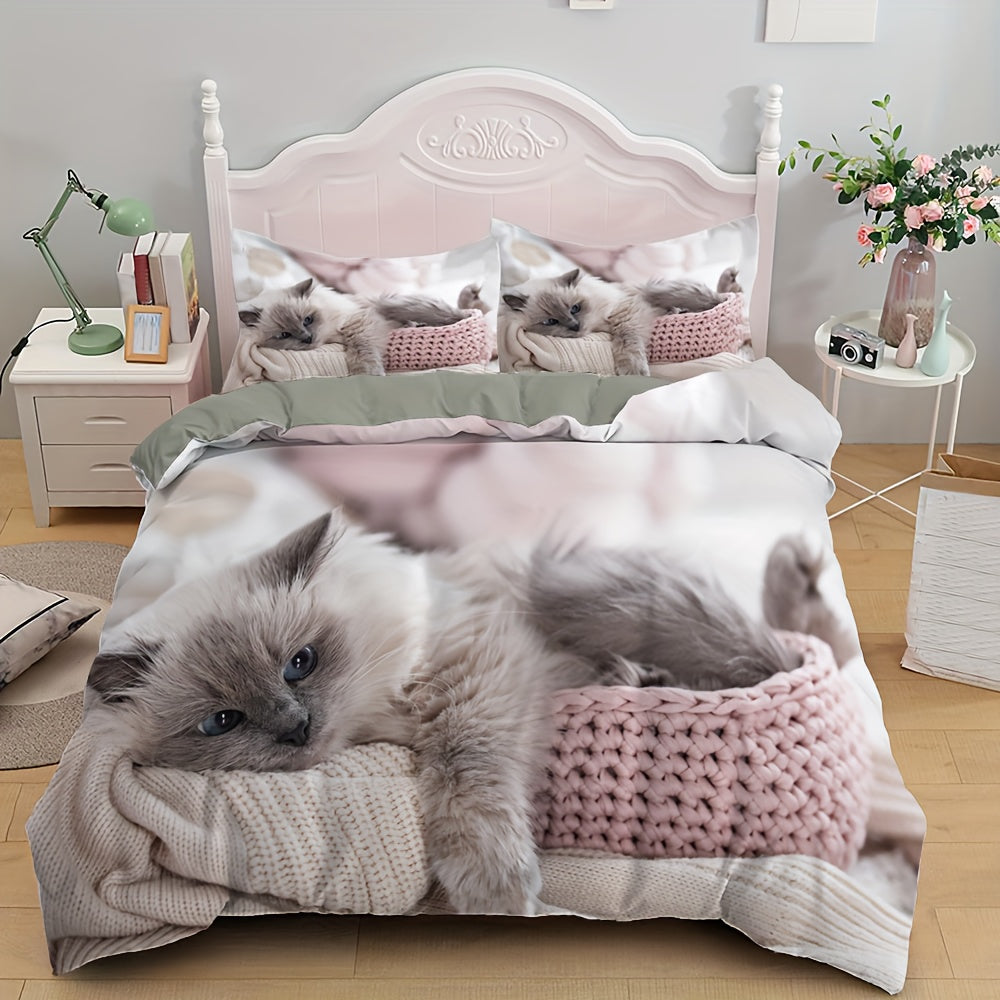 Set of 2 or 3 Pet Cat Print Duvet Covers with Pillowcases Soft Comfortable Bedroom Dorm Decor