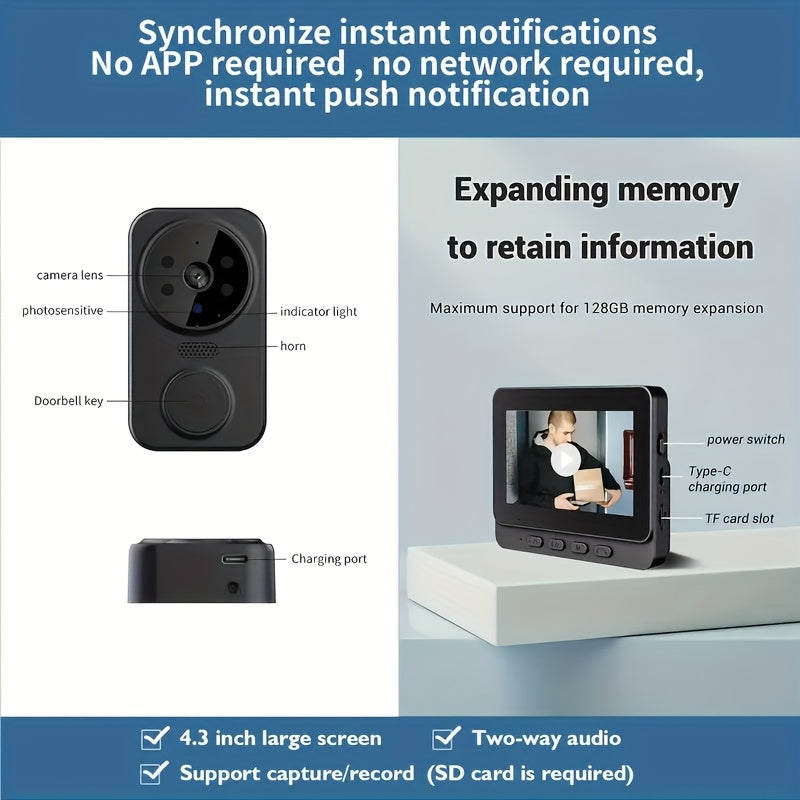 Video Doorbell 10.92cm Screen Two-Way Audio Night Vision Long Battery 480P