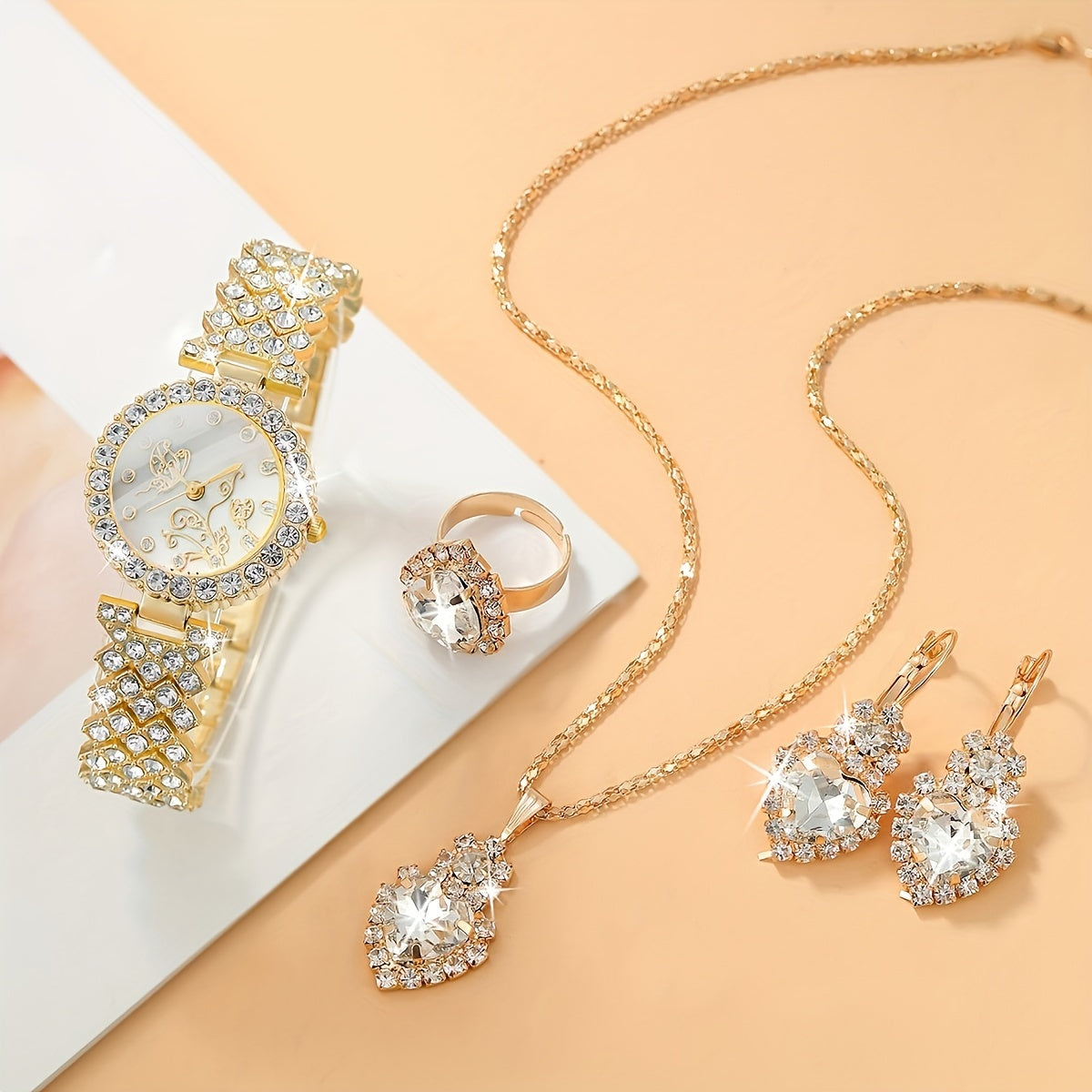 Women's Watch and Jewelry Set with Quartz Movement Alloy Band Crystal Accents Gift for Mom