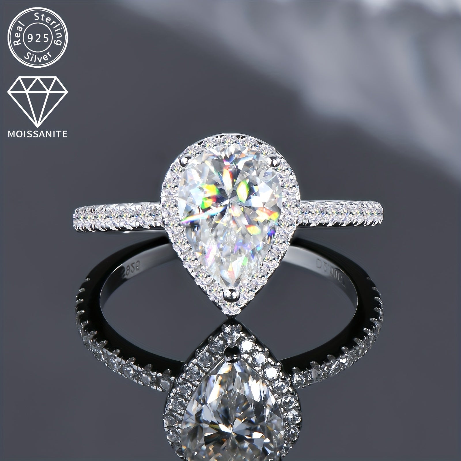 Women's Sterling Silver Engagement Ring with 2 Carat Pear-Shaped Moissanite Center and Surrounding Stones