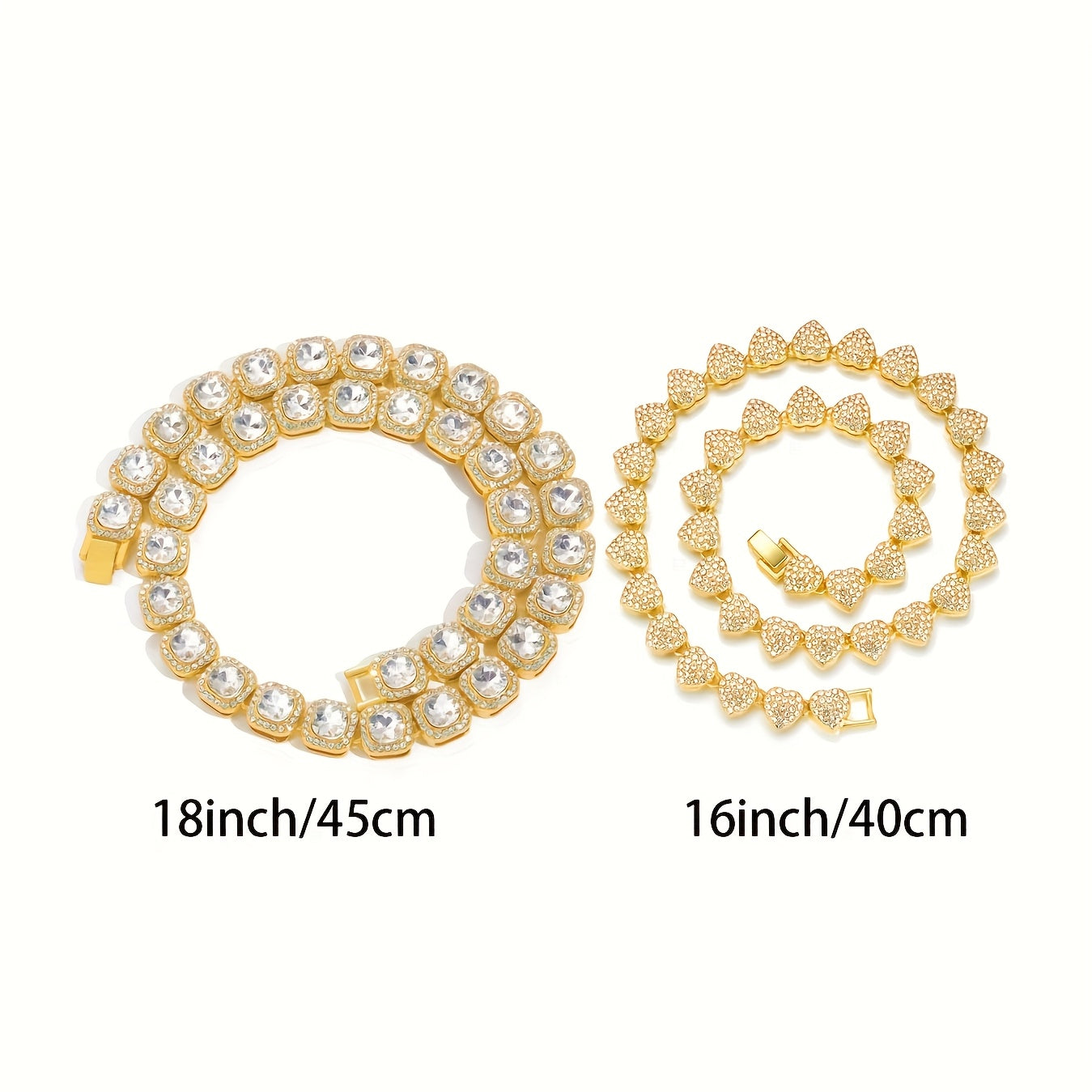 Two Pieces Hip Hop Ice Heart-Shaped Rock Candy Necklaces with Cuban Chain Punk Jewelry for Men Women