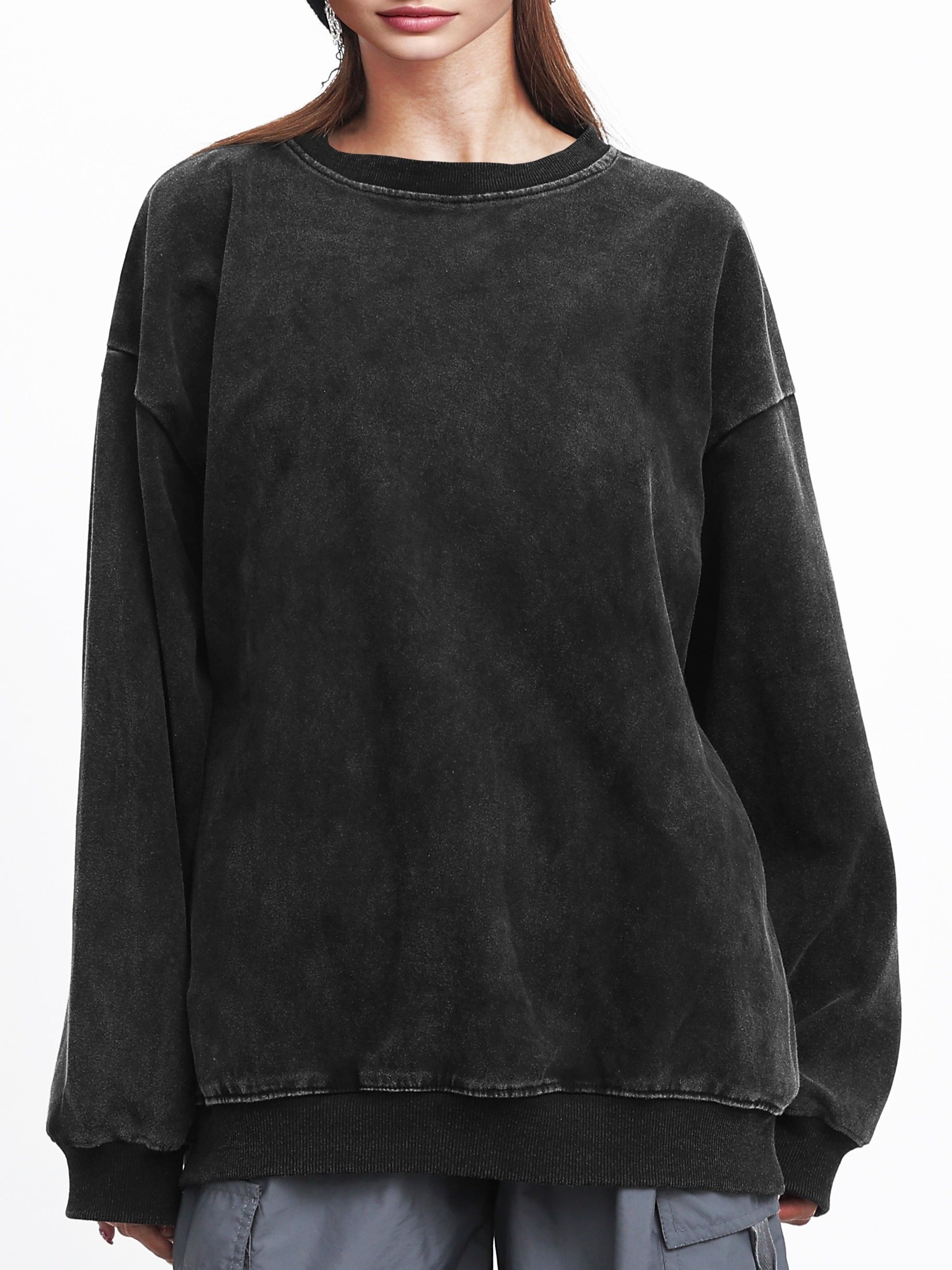 Sudadera de algodón de peso pesado para mujer, lavado vintage, de cuello redondo, pulóver