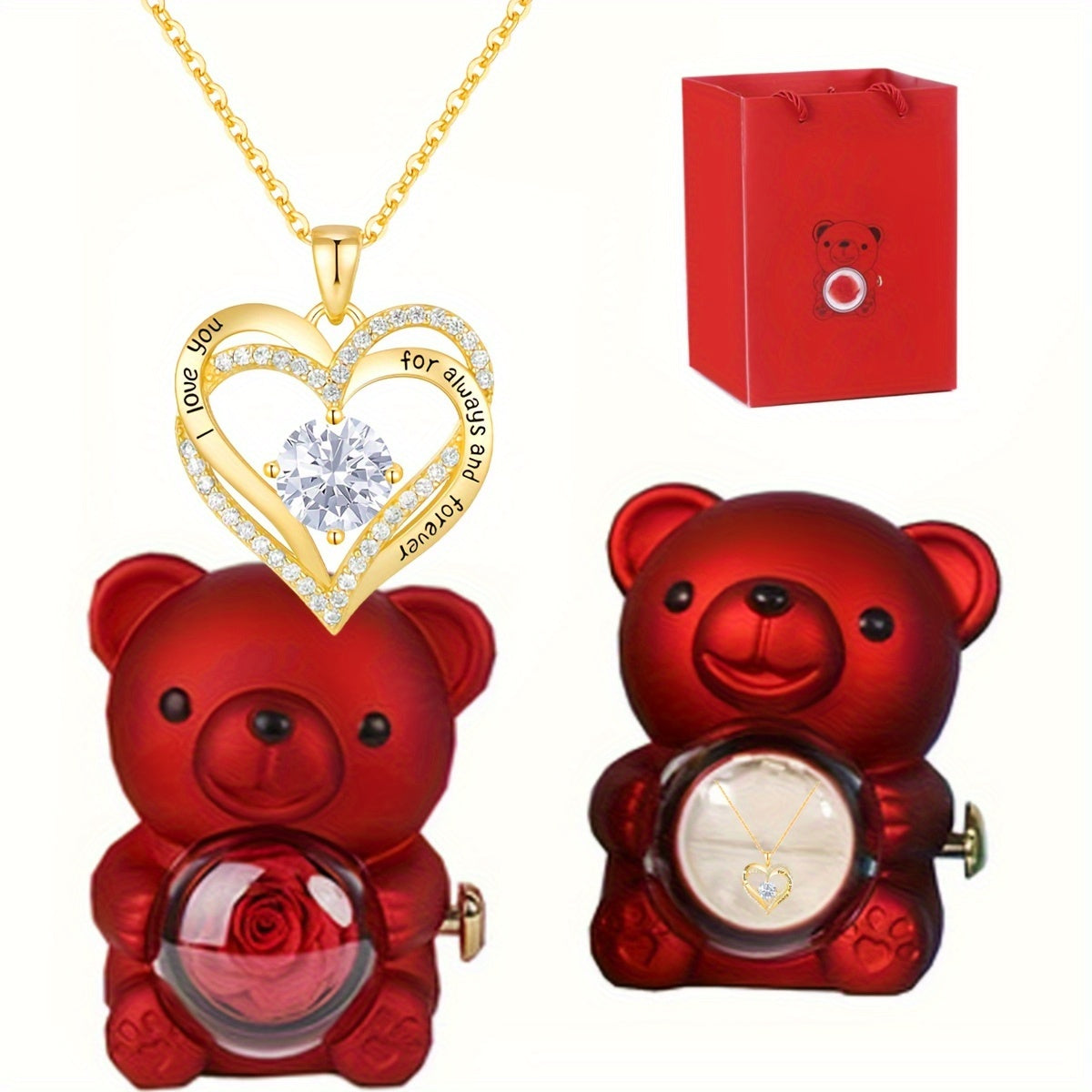 Women’s Gold Plated Bear Pendant Necklace with Rose and Cubic Zirconia December Birthstone