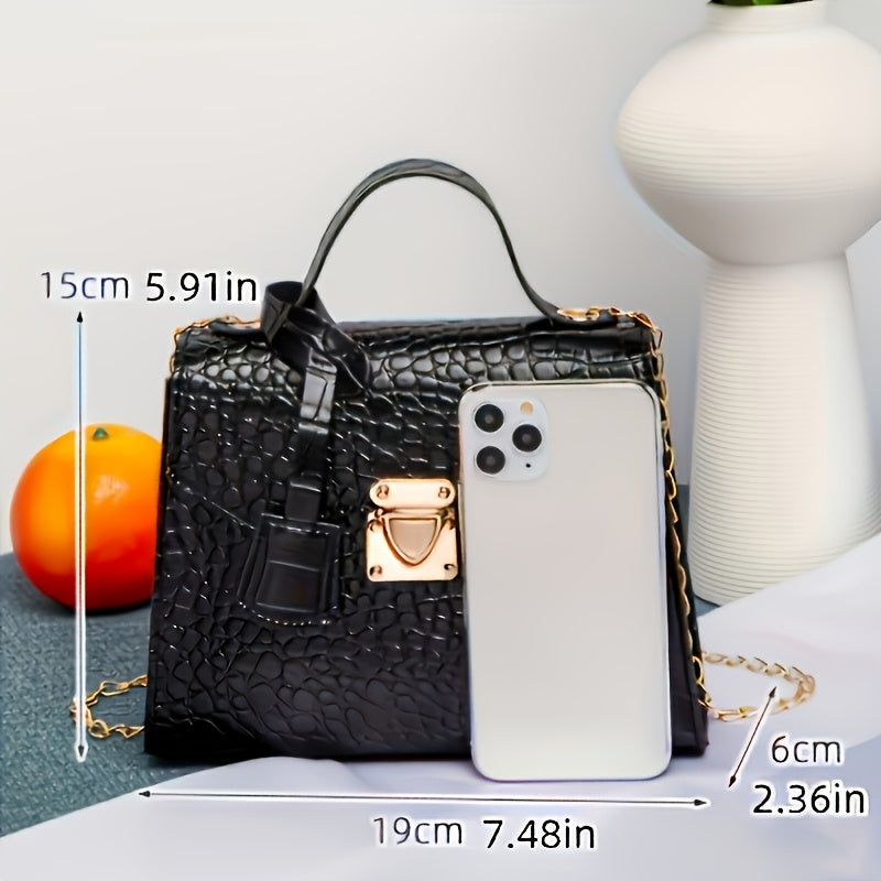 Women's Crocodile-Embossed Satchel Bag with Detachable Chain Strap and Twist Lock Closure in Black White Green Light Brown